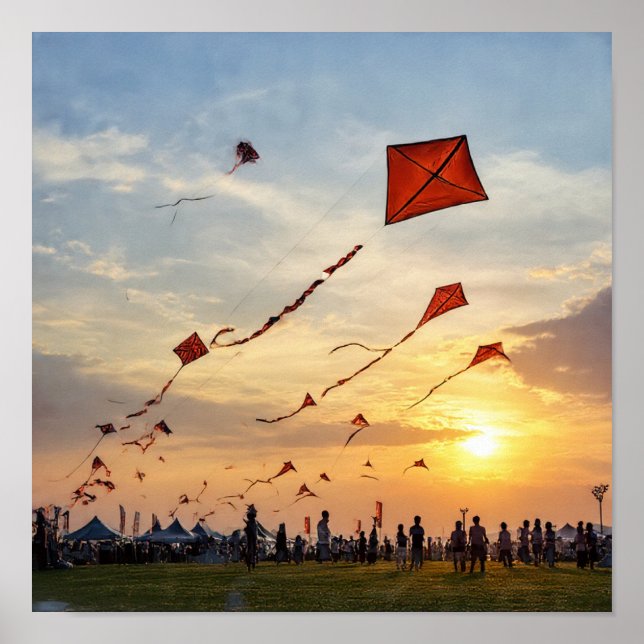 Affiche Cerfs-volants au coucher du soleil - Silhouettes d (Devant)