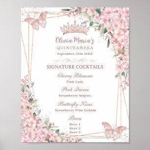 Affiche Cerise Blossoms Rose Gold Butterflies Boire Menu