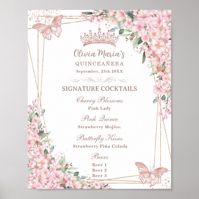 Affiche Cerise Blossoms Rose Gold Butterflies Boire Menu (Devant)