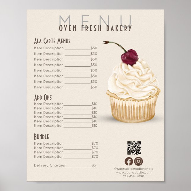 Affiche Cerise Cupcake Beige Menu Boulangerie Tarifs (Devant)