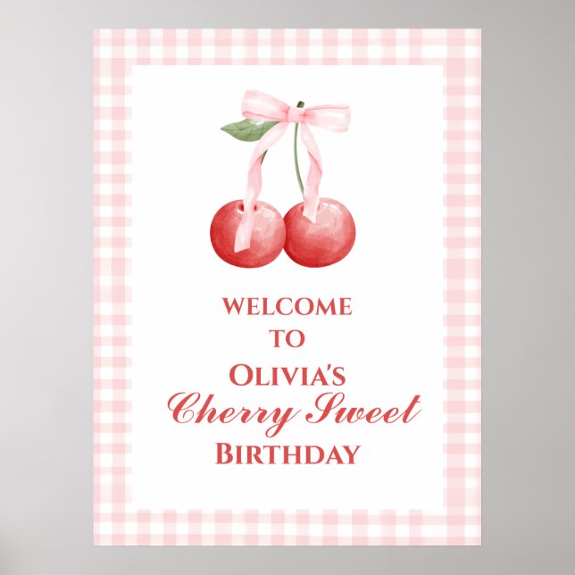 Affiche Cerise Douce Anniversaire Rose Ruban fraise (Devant)