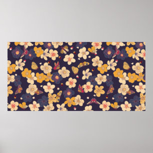 Affiche cerise en fleurs et papillons motif sans soudure.