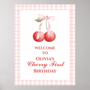 Affiche Cerise Premier Anniversaire Rose Ruban Fraise 1 an