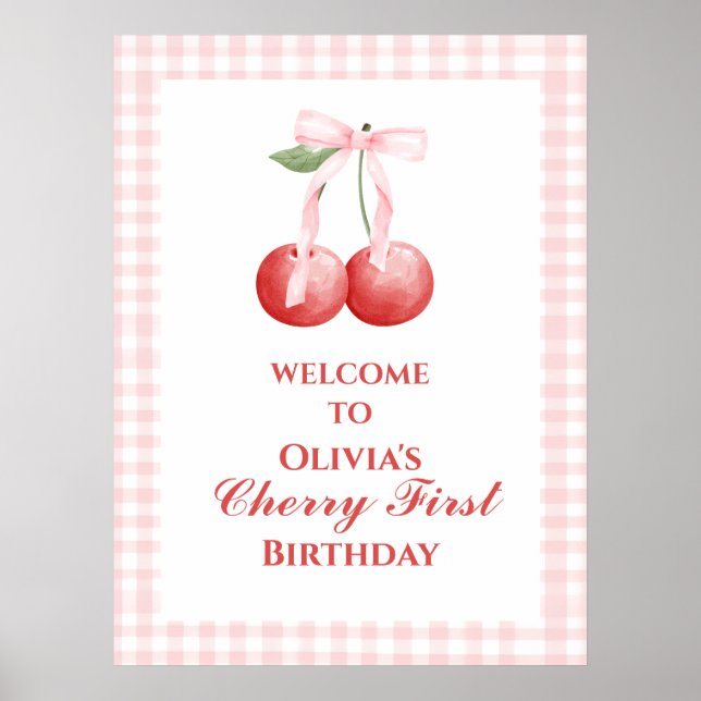Affiche Cerise Premier Anniversaire Rose Ruban Fraise 1 an (Devant)