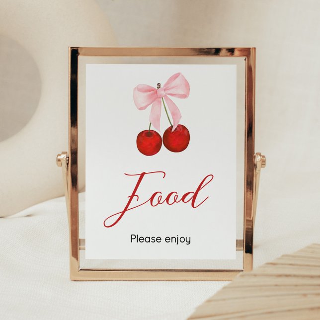 Affiche Cerise sur le Baby shower principal (Cherry on Top Pink Bow Baby Shower Food Sign)