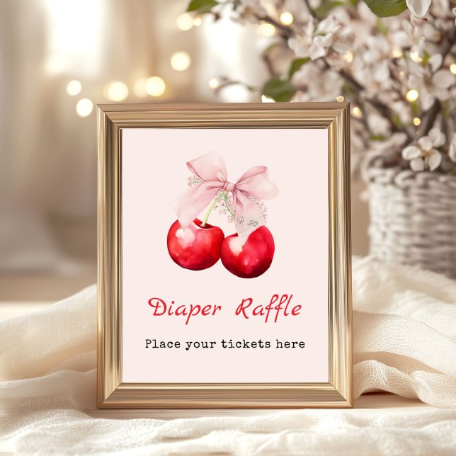 Affiche Cerise sur le Baby shower supérieur Fille Déchets  (Cherry on top Baby Shower Diaper Raffle Poster sign)