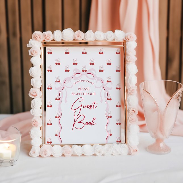 Affiche Cerise sur le dessus Pink Bow Red Baby Girl Douche (Créateur téléchargé)