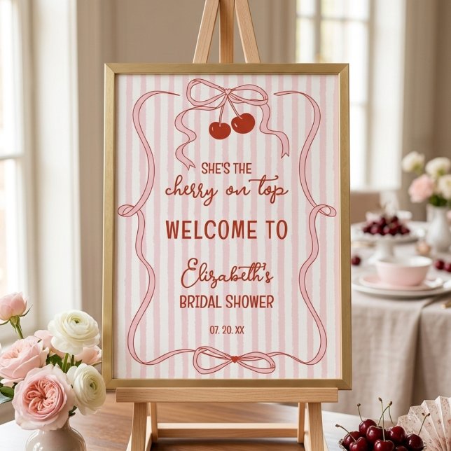 Affiche Cerise sur le dessus Ruban rose Classy Rayures Bie (Créateur téléchargé)