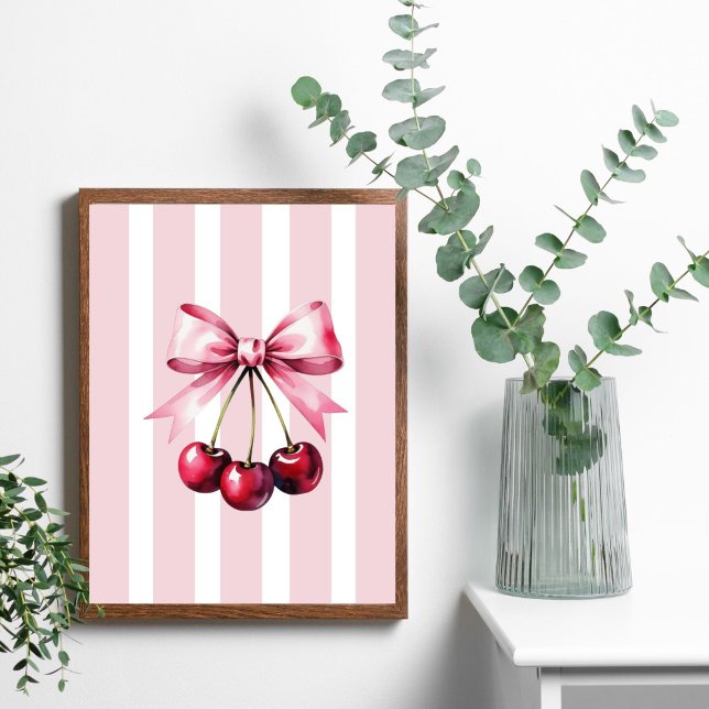 Affiche Cerises à ruban rose Coquette Esthétique Rayures F (Pink bow cherries wall art poster print. Trendy Girly Bedroom Dorm Room Apartment Wall Art)