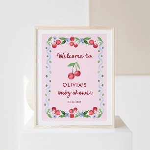 Affiche Cerises roses Whimsical Retro Baby shower Bienvenu