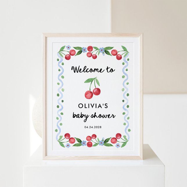 Affiche Cerises rouges | Baby shower rétro Whimsical Bienv (Créateur téléchargé)