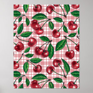 Affiche Cerises rouges sur en vichy rose