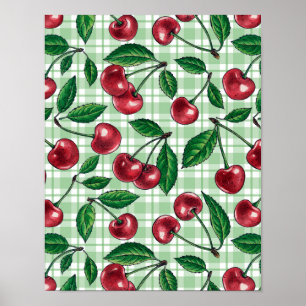 Affiche Cerises rouges sur en vichy vert clair