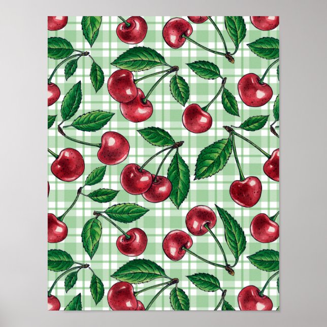 Affiche Cerises rouges sur en vichy vert clair (Devant)
