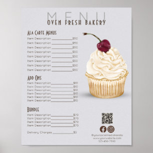 Affiche Cerry Cupcake Gray Menu Boulangerie Tarifs