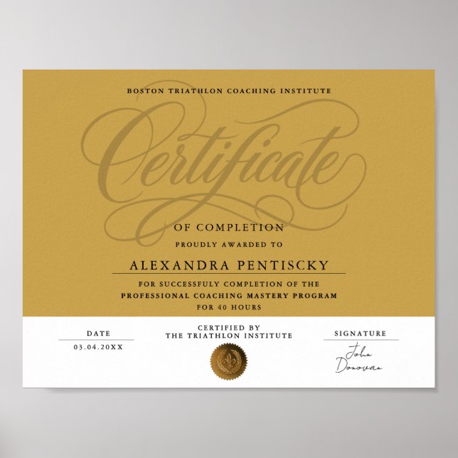 Affiche Certificat d'Achèvement de Réussite en Or Élégant (Devant)