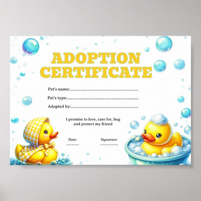 Affiche Certificat d'adoption de canard modifiable  (Devant)