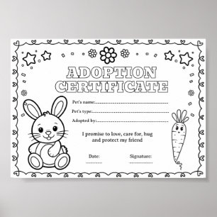 Affiche Certificat d'adoption de lapin de Pâques à colorie