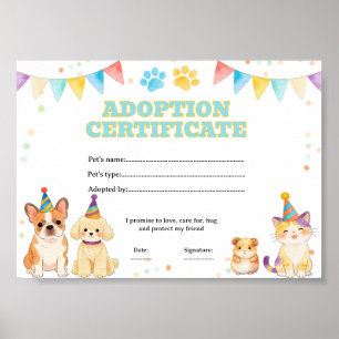 Affiche Certificat d'adoption d'un animal de compagnie à c