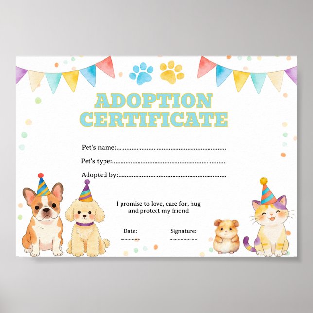 Affiche Certificat d'adoption d'un animal de compagnie à c (Devant)