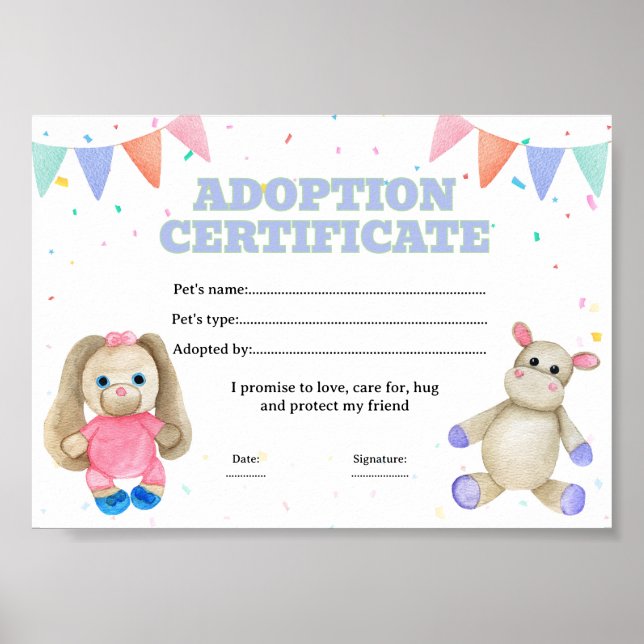 Affiche Certificat d'adoption d'un animal de compagnie jou (Devant)