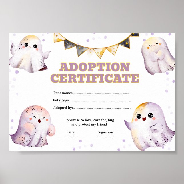 Affiche certificat d'adoption d'un fantôme Halloween (Devant)