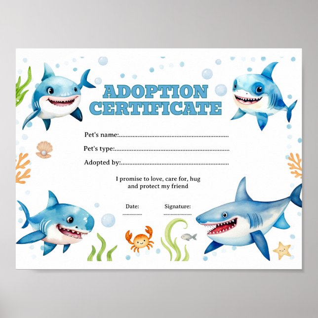 Affiche Certificat d'adoption d'un requin de compagnie (Devant)