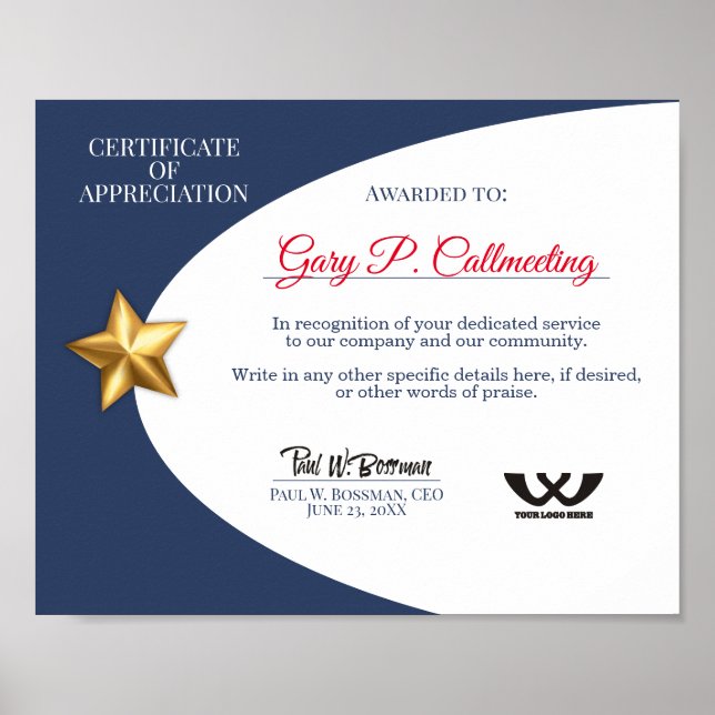 Affiche Certificat d'appréciation employé bénévole (Devant)