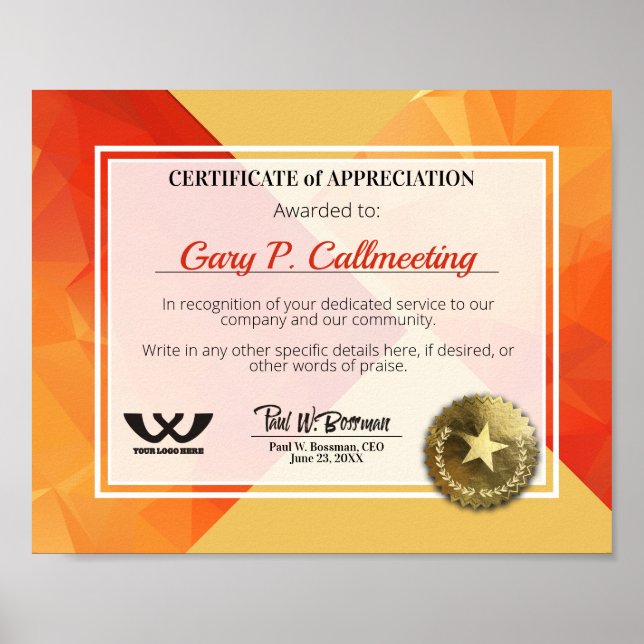 Affiche Certificat d'appréciation personnel bénévole (Devant)