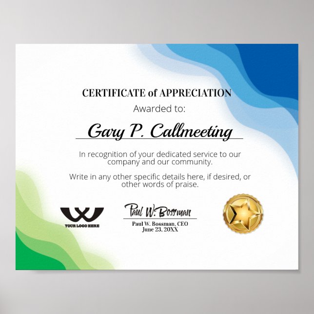 Affiche Certificat d'appréciation personnel bénévole (Devant)