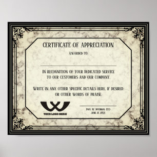 Affiche Certificat d'appréciation prix du personnel employ