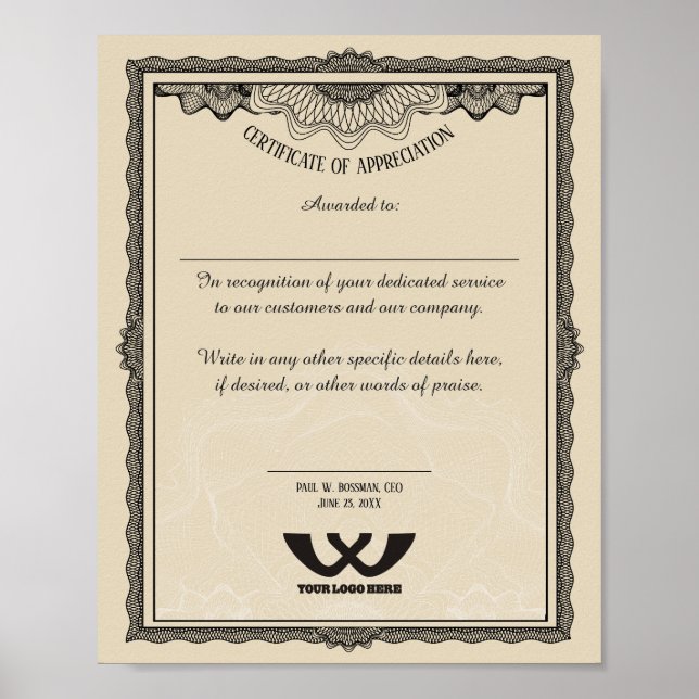 Affiche Certificat d'appréciation prix du personnel employ (Devant)