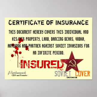 Affiche Certificat d'assurance de couverture soviétique