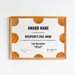 Affiche Certificat d'attribution de basket-ball, prix mvp