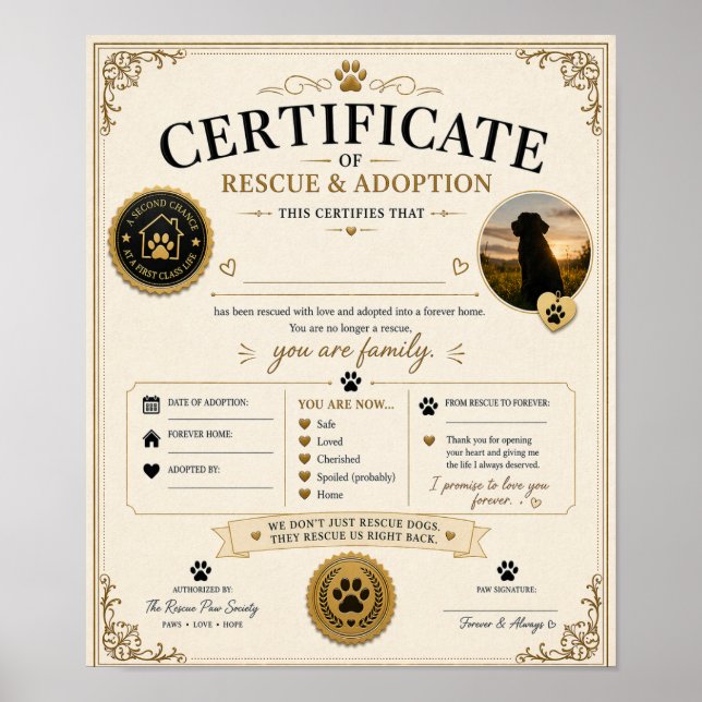 Affiche Certificat de Adoption de Chien Personnalisé Cadea (Devant)