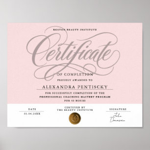 Affiche Certificat de Beauté Professionnel Rose Blush Chic