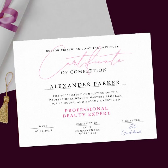 Affiche Certificat de beauté simple rose blanc professionn (Créateur téléchargé)