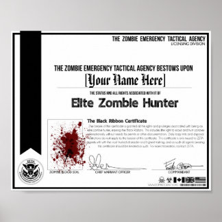 Affiche Certificat de chasseur de zombie - ZETA!