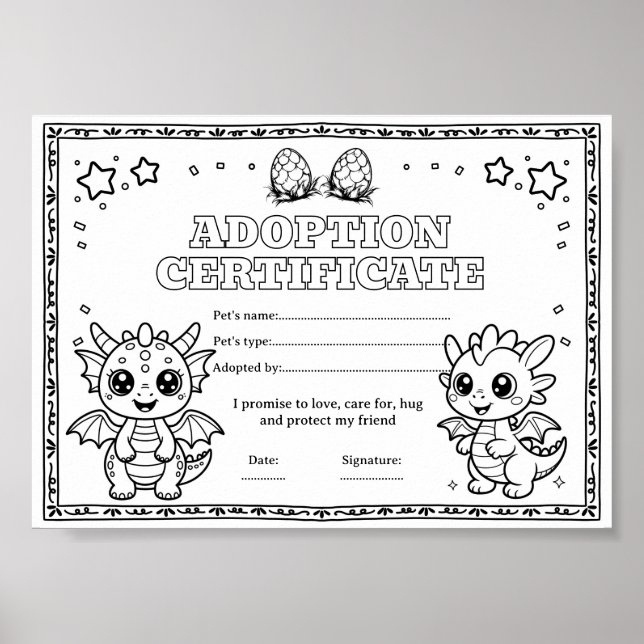 Affiche Certificat de coloriage d'adoption d'animal de com (Devant)