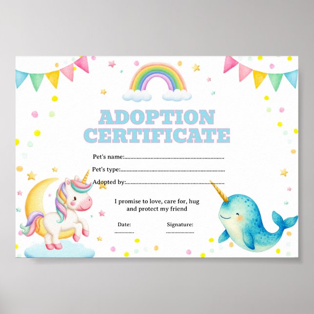 Affiche Certificat de coloriage d'adoption d'animal de com (Devant)