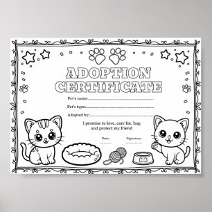 Affiche Certificat de coloriage d'adoption d'un animal de