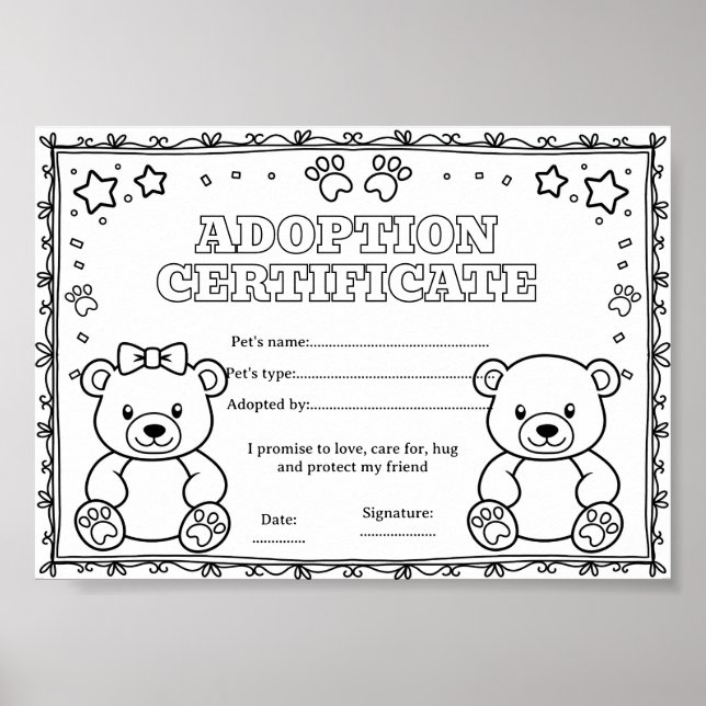 Affiche Certificat de coloriage d'adoption d'un animal de  (Devant)