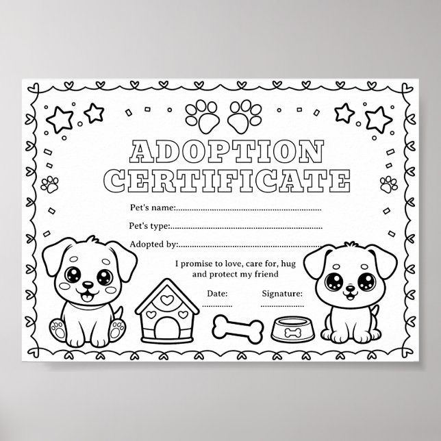 Affiche Certificat de coloriage d'adoption d'un animal de  (Devant)