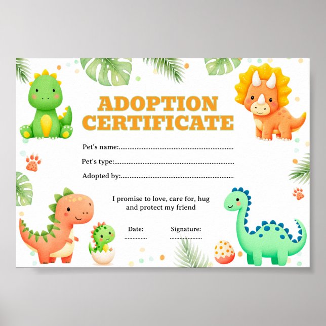 Affiche Certificat de coloriage d'adoption d'un dinosaure (Devant)