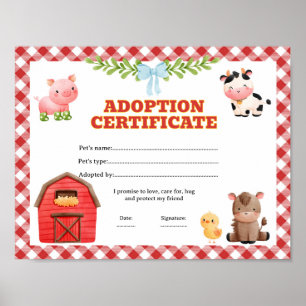 Affiche Certificat de coloriage de ferme d'adoption d'anim
