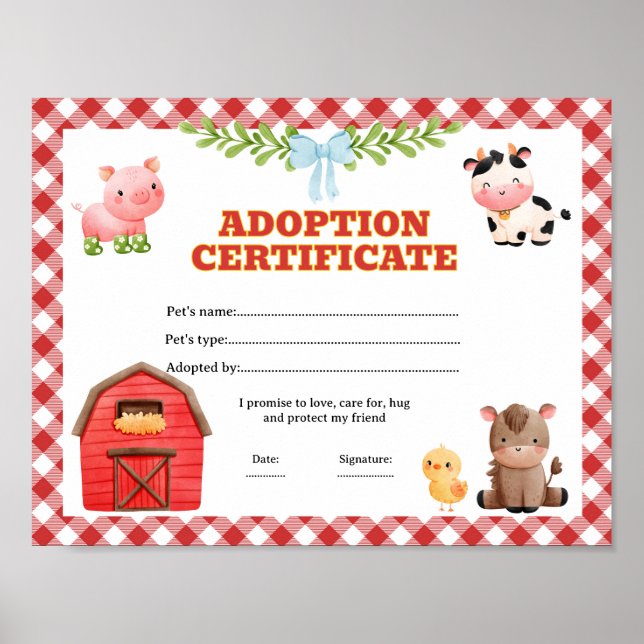 Affiche Certificat de coloriage de ferme d'adoption d'anim (Devant)