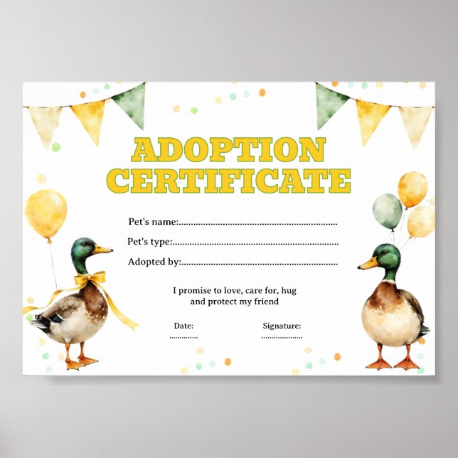 Affiche Certificat de coloriage pour l'adoption d'un canar (Devant)