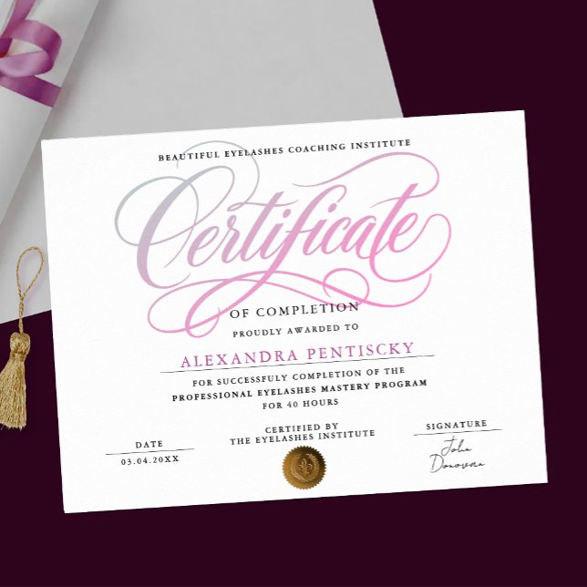 Affiche Certificat de cours de salon de beauté rose blanc  (Créateur téléchargé)