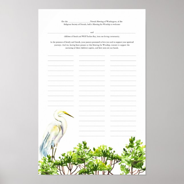 Affiche Certificat de jour de baptême Héron blanc Mangrove (Devant)