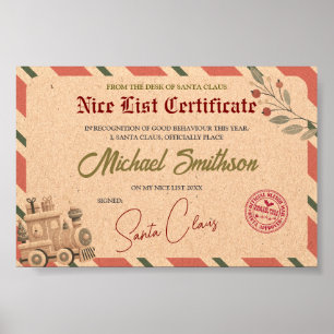 Affiche Certificat de la liste des gentils du Père Noël